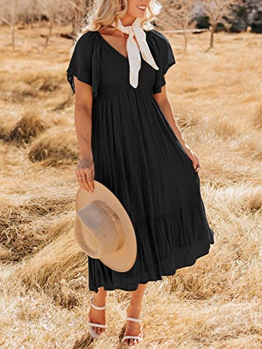 LILLUSORY Black Maxi Dresses for Women Summer Long Trendy Casual Flowy Funeral Short Flutter Sleeve Dress with Pockets