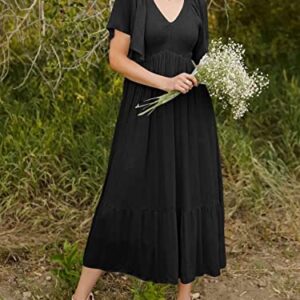 LILLUSORY Black Maxi Dresses for Women Summer Long Trendy Casual Flowy Funeral Short Flutter Sleeve Dress with Pockets