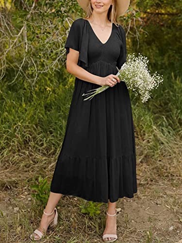 LILLUSORY Black Maxi Dresses for Women Summer Long Trendy Casual Flowy Funeral Short Flutter Sleeve Dress with Pockets
