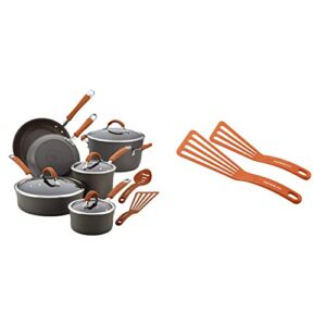 rachael ray cucina dishwasher safe hard anodized nonstick cookware pots and pans set, 12 piece, gray with orange handles & kitchen tools and gadgets nylon cooking utensils, 2 piece, orange