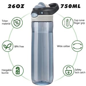 LONG SENG Sports Water Bottle 26 OZ, Grey Leak Proof Wide Mouth Water Bottles BPA-Free Simple Plastic Water Bottle Odorless Light and Portable Easy Clean Water Bottles For Adults Man Woman