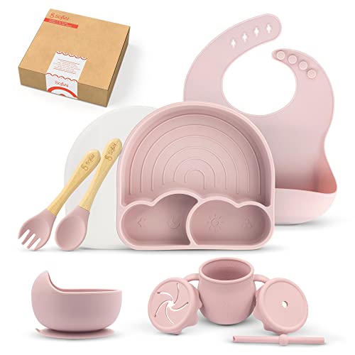 SofiAl Baby Led Weaning Supplies - Silicone Baby Feeding Set - Suction Bowl Divided Plate Bib Spoon Fork Straw Sippy Cup - Toddler Self Feeding Utensils - Infant First Stage Blw Dish 6 Months – 11pcs