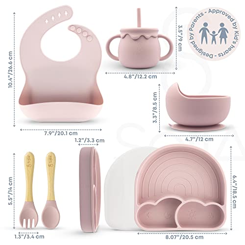 SofiAl Baby Led Weaning Supplies - Silicone Baby Feeding Set - Suction Bowl Divided Plate Bib Spoon Fork Straw Sippy Cup - Toddler Self Feeding Utensils - Infant First Stage Blw Dish 6 Months – 11pcs