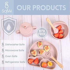 SofiAl Baby Led Weaning Supplies - Silicone Baby Feeding Set - Suction Bowl Divided Plate Bib Spoon Fork Straw Sippy Cup - Toddler Self Feeding Utensils - Infant First Stage Blw Dish 6 Months – 11pcs