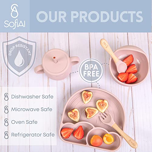 SofiAl Baby Led Weaning Supplies - Silicone Baby Feeding Set - Suction Bowl Divided Plate Bib Spoon Fork Straw Sippy Cup - Toddler Self Feeding Utensils - Infant First Stage Blw Dish 6 Months – 11pcs