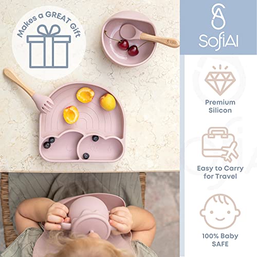 SofiAl Baby Led Weaning Supplies - Silicone Baby Feeding Set - Suction Bowl Divided Plate Bib Spoon Fork Straw Sippy Cup - Toddler Self Feeding Utensils - Infant First Stage Blw Dish 6 Months – 11pcs