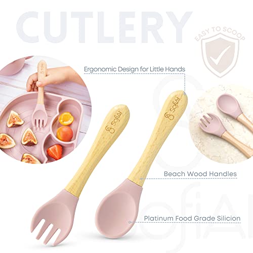 SofiAl Baby Led Weaning Supplies - Silicone Baby Feeding Set - Suction Bowl Divided Plate Bib Spoon Fork Straw Sippy Cup - Toddler Self Feeding Utensils - Infant First Stage Blw Dish 6 Months – 11pcs