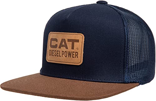 Caterpillar Men's Leather Diesel Power Flat Bill Cap, Navy, Small-Medium