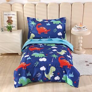 Wowelife Toddler Bedding Sets for Boys, Premium 4 Piece Dinosaur Toddler Comforter Set, Blue Bed-in-a-Bag, Super Soft and Comfortable for Toddler