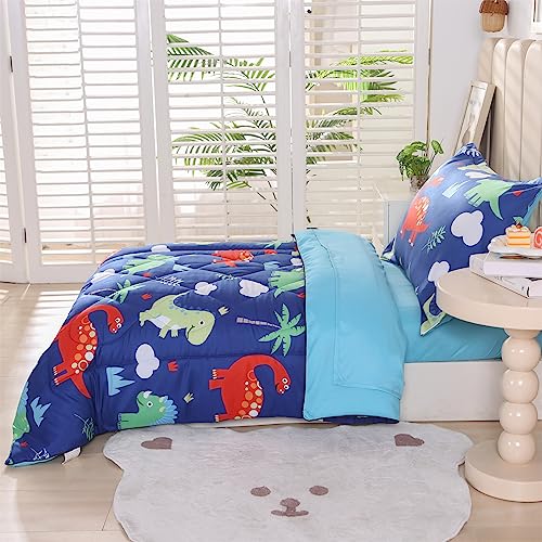 Wowelife Toddler Bedding Sets for Boys, Premium 4 Piece Dinosaur Toddler Comforter Set, Blue Bed-in-a-Bag, Super Soft and Comfortable for Toddler