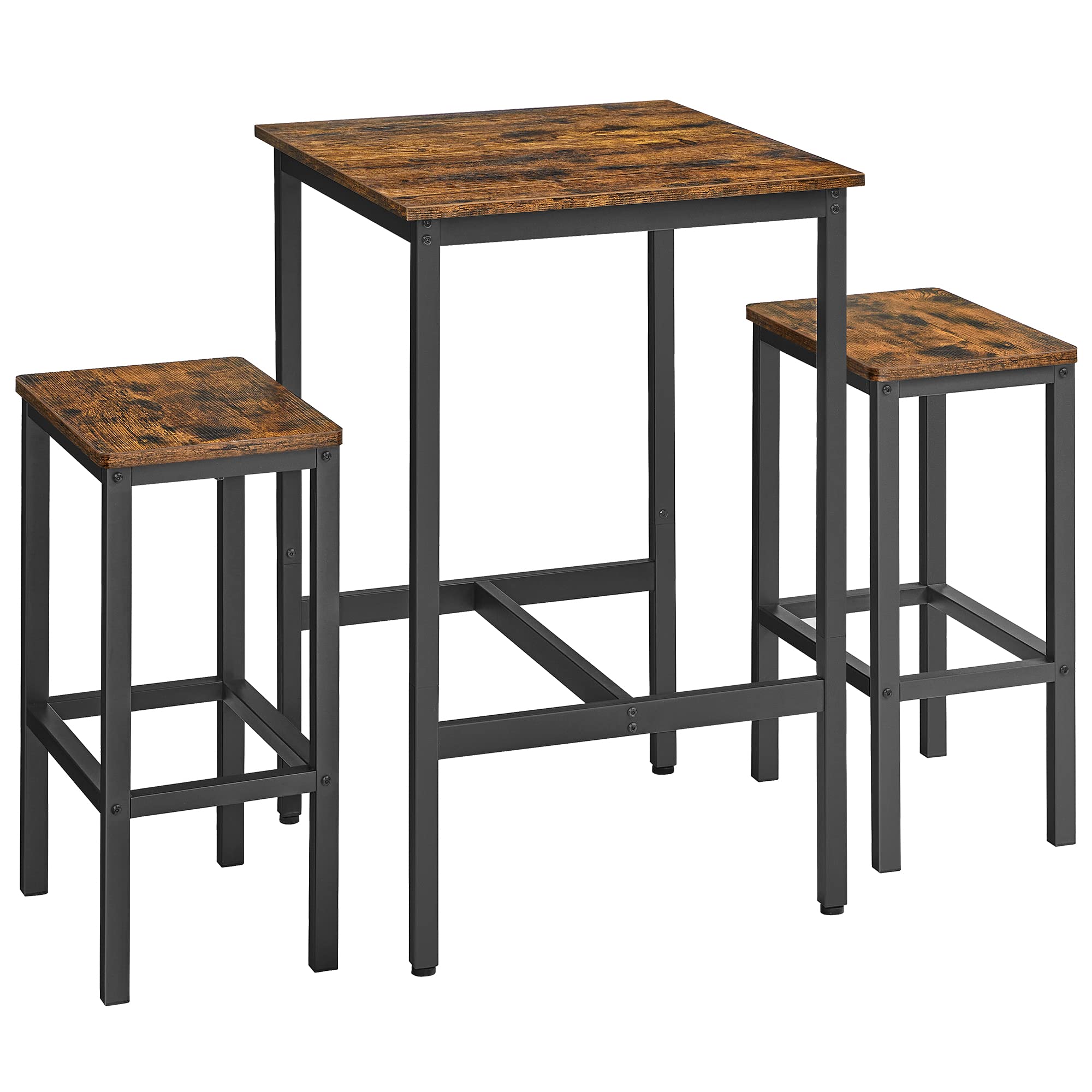 VASAGLE Bar Table and Chairs Set, Square Bar Table with 2 Bar Stools, Dining Pub Bar Table Set for 2, Space Saving for Kitchen Breakfast, Living Room, Party Room, Rustic Brown and Black