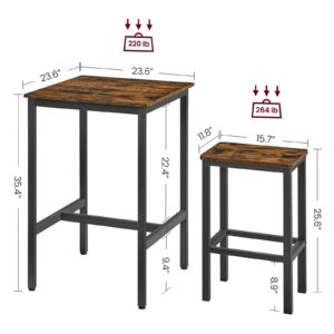 VASAGLE Bar Table and Chairs Set, Square Bar Table with 2 Bar Stools, Dining Pub Bar Table Set for 2, Space Saving for Kitchen Breakfast, Living Room, Party Room, Rustic Brown and Black