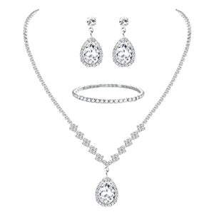 thunaraz silver bridal jewelry set rhinestone crystal necklace bracelet dangle earrings for women brides bridesmaid prom costume accessories