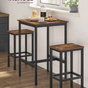 VASAGLE Bar Table and Chairs Set, Square Bar Table with 2 Bar Stools, Dining Pub Bar Table Set for 2, Space Saving for Kitchen Breakfast, Living Room, Party Room, Rustic Brown and Black
