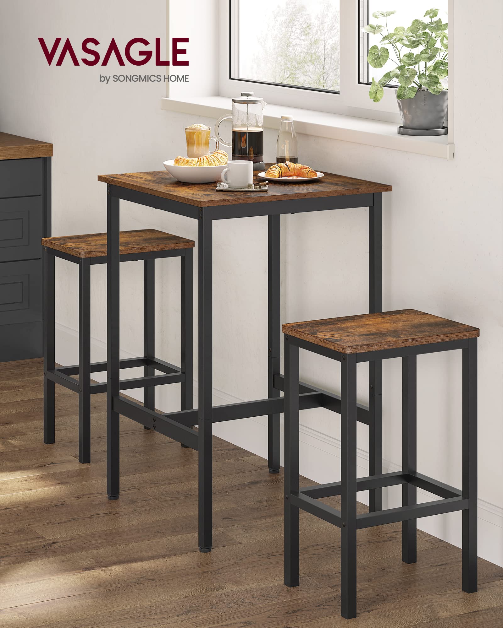 VASAGLE Bar Table and Chairs Set, Square Bar Table with 2 Bar Stools, Dining Pub Bar Table Set for 2, Space Saving for Kitchen Breakfast, Living Room, Party Room, Rustic Brown and Black