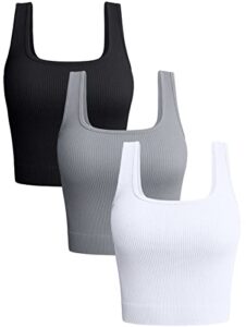 oqq women's 3 piece tank shirt ribbed seamless workout exercise yoga crop, black grey white, small
