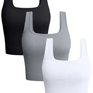 OQQ Women's 3 Piece Tank Shirt Ribbed Seamless Workout Exercise Yoga Crop, Black Grey White, Small