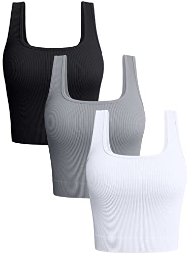 OQQ Women's 3 Piece Tank Shirt Ribbed Seamless Workout Exercise Yoga Crop, Black Grey White, Small