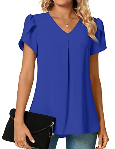 Anyally Womens Summer Dressy Chiffon Blouses V Neck Petal Short Sleeve Tunic Tops for Leggings Casual T-Shirts, L Royal Blue