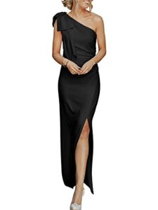 anrabess women's summer one shoulder long semi formal dresses sleeveless ruched bodycon wedding guest cocktail slit maxi dress 2023 gala graduation prom dress 749heise-s black
