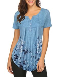 halife womens tops hide belly tunic short sleeve summer blouses casual floral henley shirt blue m