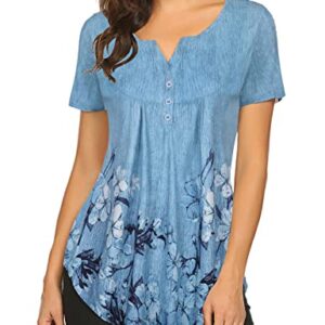 Halife Womens Tops Hide Belly Tunic Short Sleeve Summer Blouses Casual Floral Henley Shirt Blue M