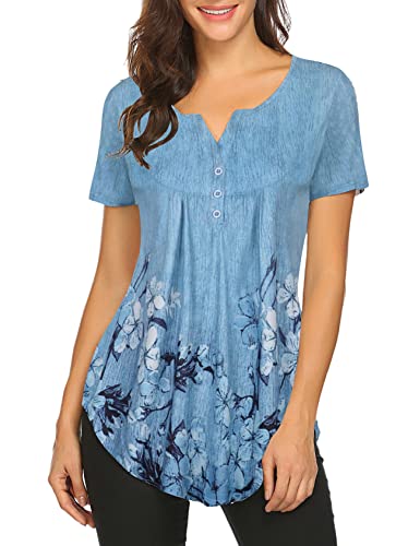 Halife Womens Tops Hide Belly Tunic Short Sleeve Summer Blouses Casual Floral Henley Shirt Blue M