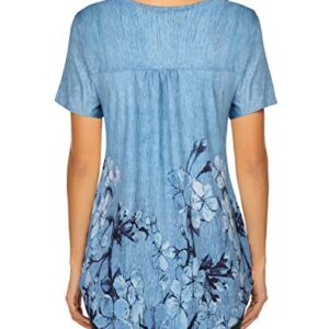 Halife Womens Tops Hide Belly Tunic Short Sleeve Summer Blouses Casual Floral Henley Shirt Blue M