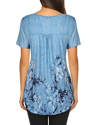 Halife Womens Tops Hide Belly Tunic Short Sleeve Summer Blouses Casual Floral Henley Shirt Blue M