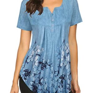 Halife Womens Tops Hide Belly Tunic Short Sleeve Summer Blouses Casual Floral Henley Shirt Blue M