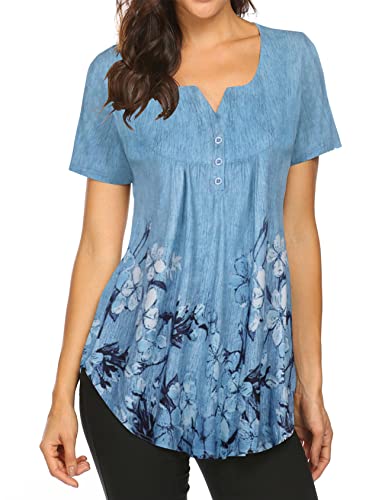 Halife Womens Tops Hide Belly Tunic Short Sleeve Summer Blouses Casual Floral Henley Shirt Blue M