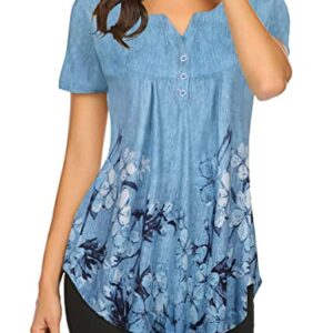 Halife Womens Tops Hide Belly Tunic Short Sleeve Summer Blouses Casual Floral Henley Shirt Blue M