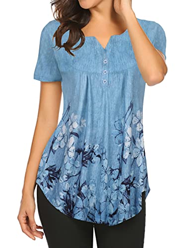 Halife Womens Tops Hide Belly Tunic Short Sleeve Summer Blouses Casual Floral Henley Shirt Blue M