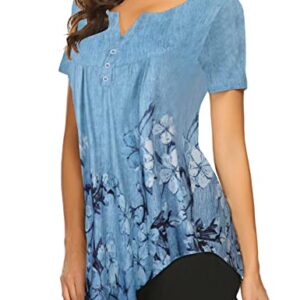 Halife Womens Tops Hide Belly Tunic Short Sleeve Summer Blouses Casual Floral Henley Shirt Blue M