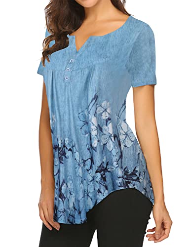 Halife Womens Tops Hide Belly Tunic Short Sleeve Summer Blouses Casual Floral Henley Shirt Blue M