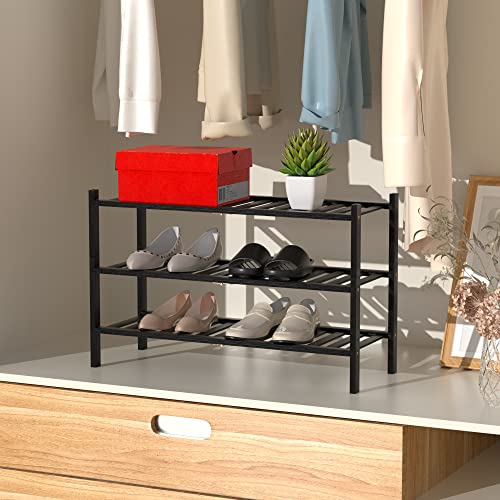 RONGJIA 3-Tier Natural Bamboo Shoe Rack - Stackable Storage Shelf with Multi-Function Combinations - Free Standing Shoe Racks for Convenient Shoe Organization（Black） 11" D x 27" W x 20" H