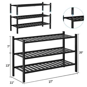 RONGJIA 3-Tier Natural Bamboo Shoe Rack - Stackable Storage Shelf with Multi-Function Combinations - Free Standing Shoe Racks for Convenient Shoe Organization（Black） 11" D x 27" W x 20" H