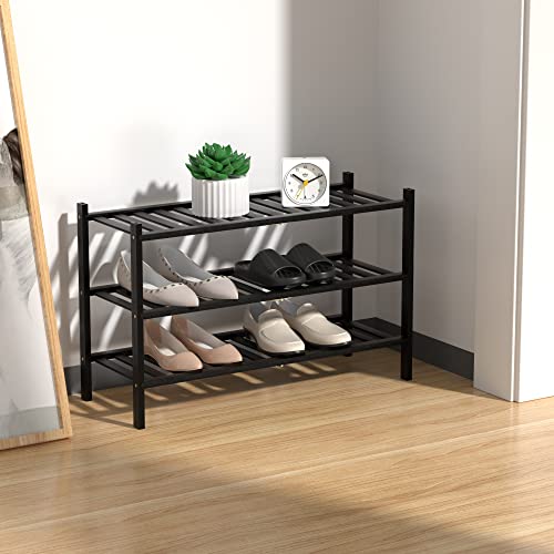 RONGJIA 3-Tier Natural Bamboo Shoe Rack - Stackable Storage Shelf with Multi-Function Combinations - Free Standing Shoe Racks for Convenient Shoe Organization（Black） 11" D x 27" W x 20" H