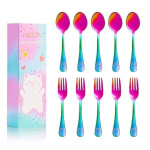 set of 10, stainless steel rainbow kids' forks(5.8in) and spoons(5.8in) silverware set, child safe flatware. cute bear pattern kids utensils, metal kids cutlery set for lunchbox.