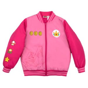nintendo super mario bomber jacket for girls, mario and luigi bomber jacket (peach pink, size 4/5)