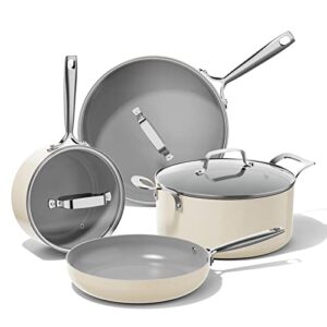 jeetee ceramic cookware set, white pots and pans set nonstick,7 pcs kitchen induction sets, ptfe & pfoa free, oven safe, compatible with all stoves- cream
