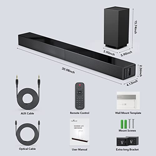 LARKSOUND 2.1 Sound Bar with Subwoofer, Soundbar for TV, Surround Sound System with Bluetooth/HDMI ARC/Optical/AUX/USB, 31 Inch