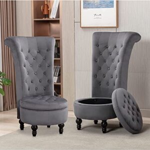 icoget gothic queen of throne chair, 2 pcs velvet high back chair w/button-tufted upholstered design, royal retro armless accent chair w/rubberwood legs and storage space for living room, grey