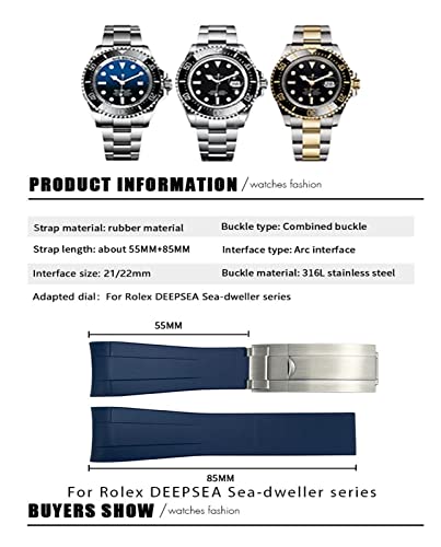 Wscebck 21mm 22mm Black Red Blue Rubber Watchband for Rolex Deepsea Sea-Dweller Submariner 41mm Diving Waterproof Silicone Watch Strap (Color : Preto, Size : 22mm Deepsea)