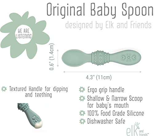 Elk and Friends Silicone Baby Spoons | First Stage Infant Toddler Spoon | Baby Led Weaning Stage | Dishwasher Safe