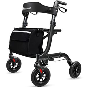 henmnii rollator walker for seniors, lightweight foldable all terrain rolling walker with seat, aluminum walkers with 8 inch rubber wheels, handles and backrest for seniors and adult