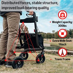 Henmnii Rollator Walker for Seniors, Lightweight Foldable All Terrain Rolling Walker with seat, Aluminum Walkers with 8 inch Rubber Wheels, Handles and Backrest for Seniors and Adult