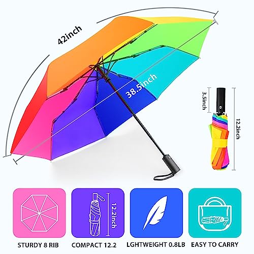 LEAGERA Rainbow Umbrella for Adults - Automatic Travel Umbrellas for Rain&Sun, Small, Compact, Light, Folding and Portable Backpack Umbrella (2 PACK, 37" Single Canopy)