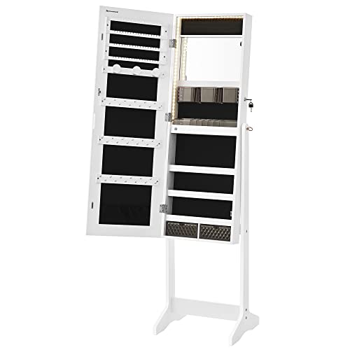 SONGMICS Mirror Jewelry Cabinet Standing Armoire Organizer, Jewelry Storage with Full-Length Frameless LED Lights, Built-in Makeup Mirror, 2 Drawers, Lockable, White UJJC023W01