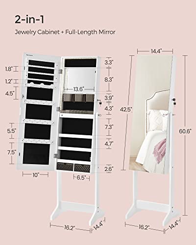 SONGMICS Mirror Jewelry Cabinet Standing Armoire Organizer, Jewelry Storage with Full-Length Frameless LED Lights, Built-in Makeup Mirror, 2 Drawers, Lockable, White UJJC023W01